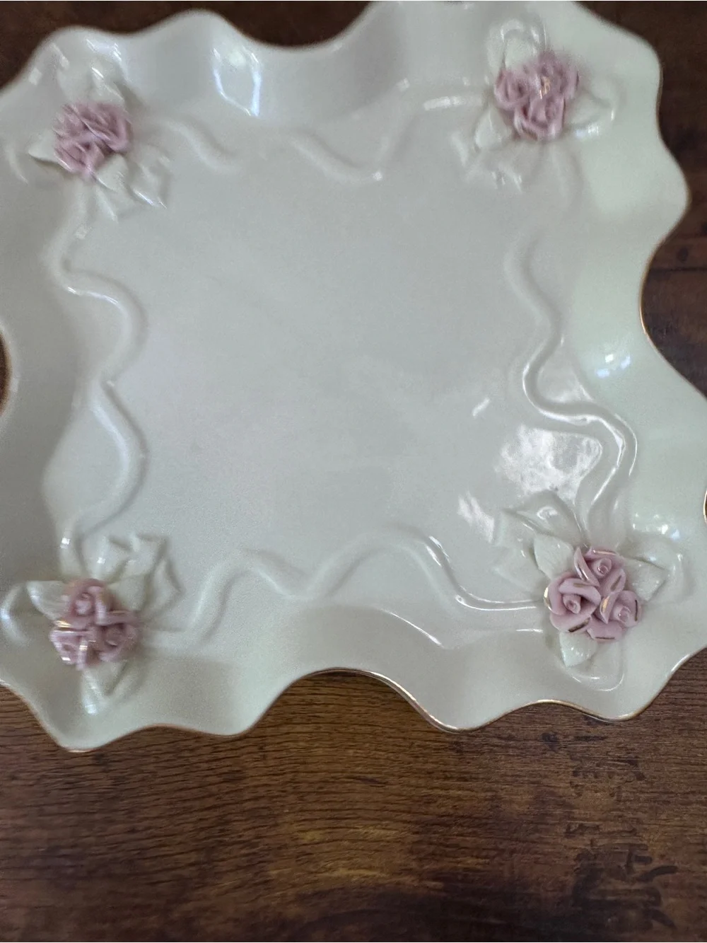 Vintage Cracker Barrel Ivory Porcelain 6 Pc Tea Set Raised Pink Roses Gold Trim